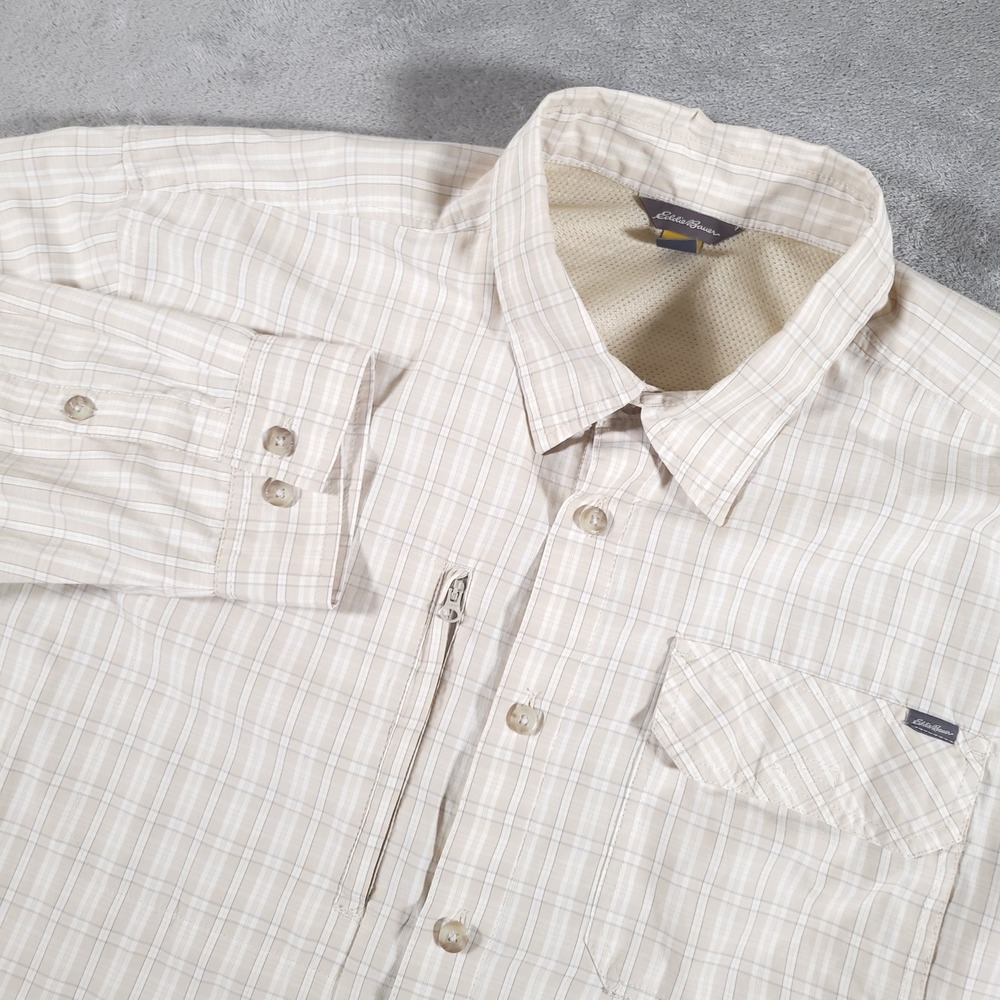 Eddie Bauer Shirt Men XL Beige Travex Plaid Long Sleeve Button Up Hiking Outdoor